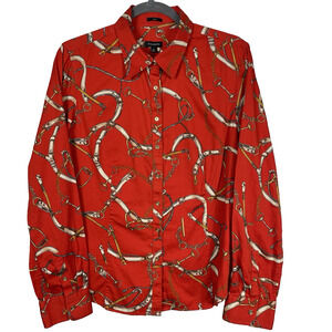 Talbots Equestrian Shirt Women's 14 Red Button Up Horse Bridle Classic Old Money